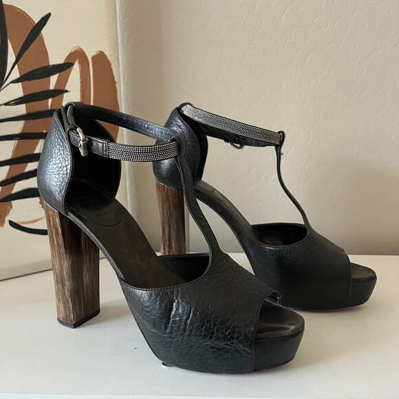 Brunello Cucinelli Black Leather Platform Block Heel Peep‎ T-Strap Sandals 40.5 - Picture 12 of 13